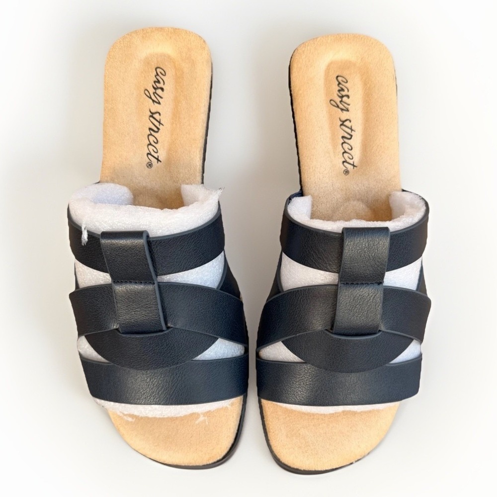 Easy Street Lakeport 1 Sandal Womens 6 WW Navy Strappy Slide Open Toe Slip On
